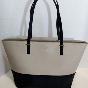 Kate Spade large leather tote shoulder bag purse, tan black colorblock, zip